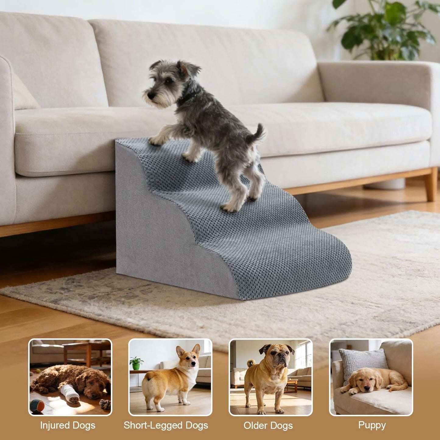 Dog Stairs for Couch, 3 Steps 13.8" H Non-Slip Pet Stair, Balanced Stable Pet Ramp for Small Dogs, Indoor Furniture Step, Gray