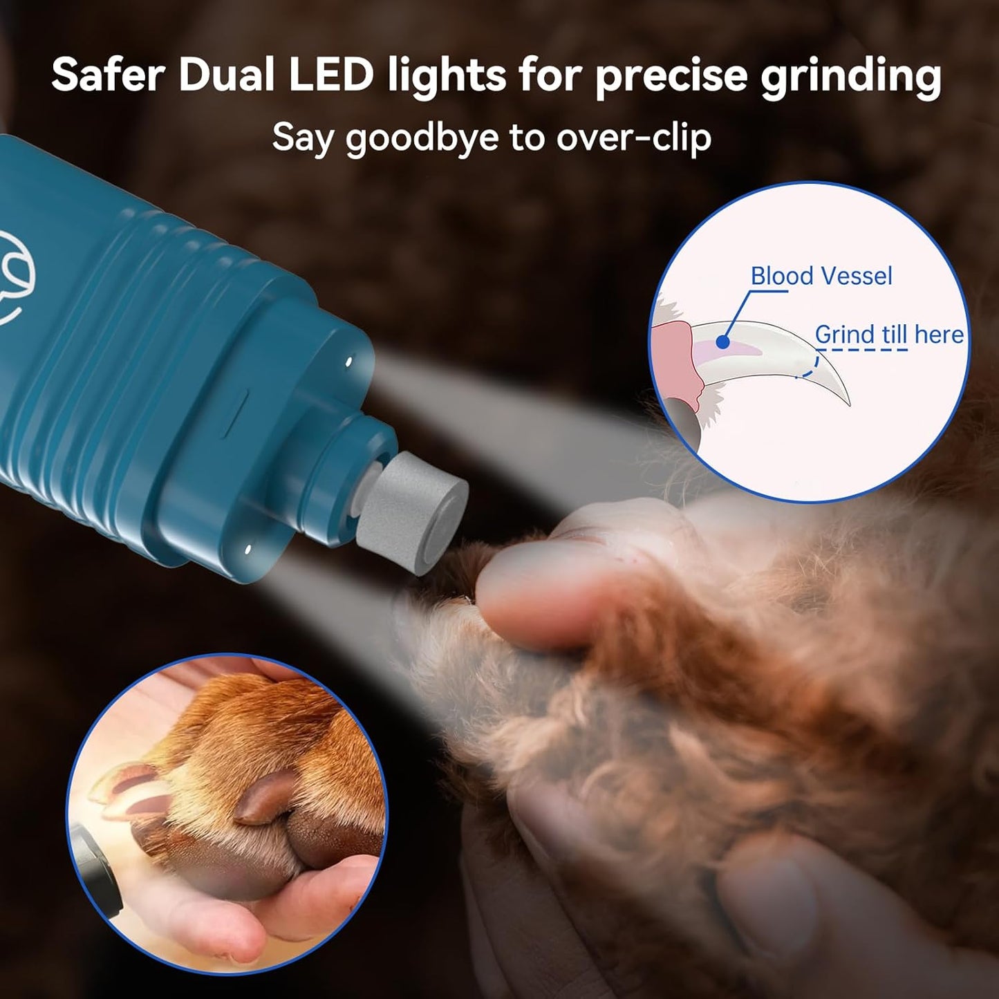PAPIFFEED Dog Nail Grinder with LCD Display – Quiet Electric Nail Trimmer with Dual LED Light, Safe for Black & Thick Nails, Rechargeable for Small Medium Large Dogs & Cats (White)