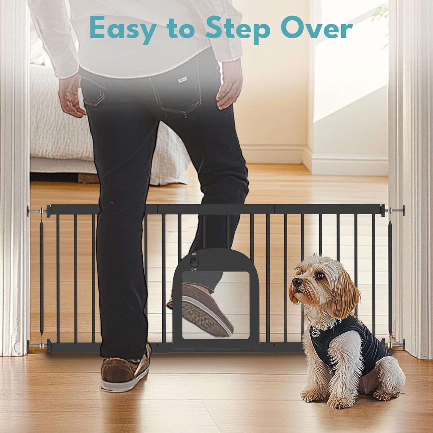 No Pawblems Dog Gate with Small Pet Door, 16"-42.7" Adjustable Metal Short Dog Gate to Step Over, 16.5" Tall Small Pet Gate with 3 Extension Kits, Pressure Mounted Gate for Doorways & Stairs, White