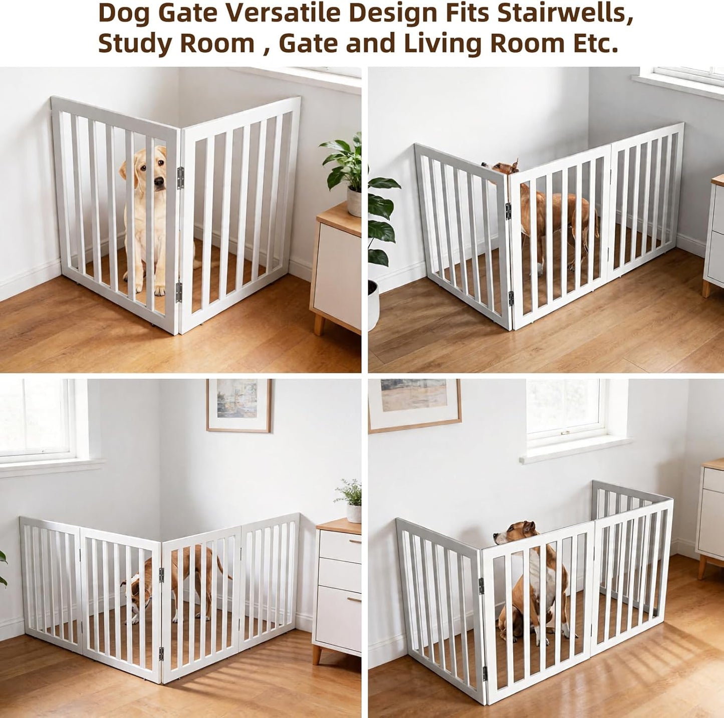 Dog Gate Indoor, Freestanding Dog Fence for The House, Doorways, Hallways,or Stairs,Pet Gate Foldable Wooden,Expandable 24" Height 3 Panels,White