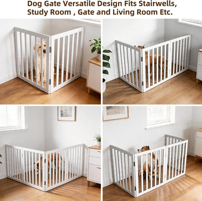 Dog Gate Indoor, Freestanding Dog Fence for The House, Doorways, Hallways,or Stairs,Pet Gate Foldable Wooden,Expandable 24" Height 3 Panels,White