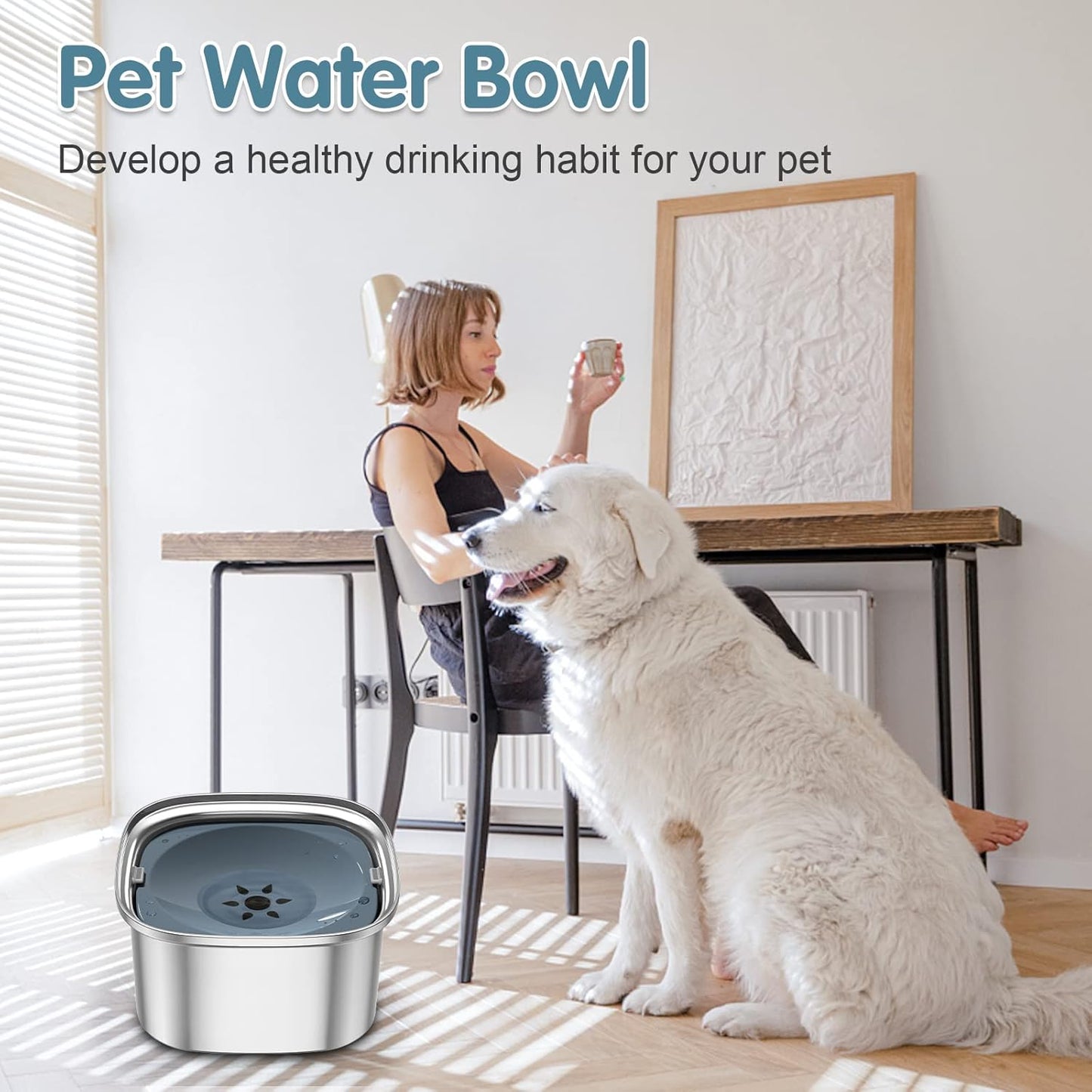 UPSKY 3L Dog Water Bowl 101oz Stainless Steel No Spill Large Capacity Dog Food Water Bowl Slow Water Feeder, Spill Proof Pet Water Dispenser Vehicle Carried Travel Water Bowl