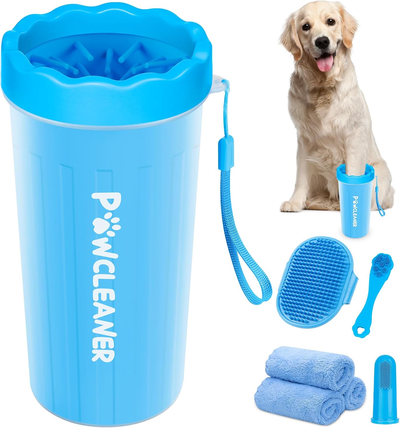 Professional 7 in 1 Dog Paw Cleaner for Dogs & Cats - Includes 1 Portable Paw Washer, 1 Bath Brush, 2 Dog Toothbrushes and 3 Absorbent Towels Note: Fits Paws up to 2 Inches Wide (Small, Blue)