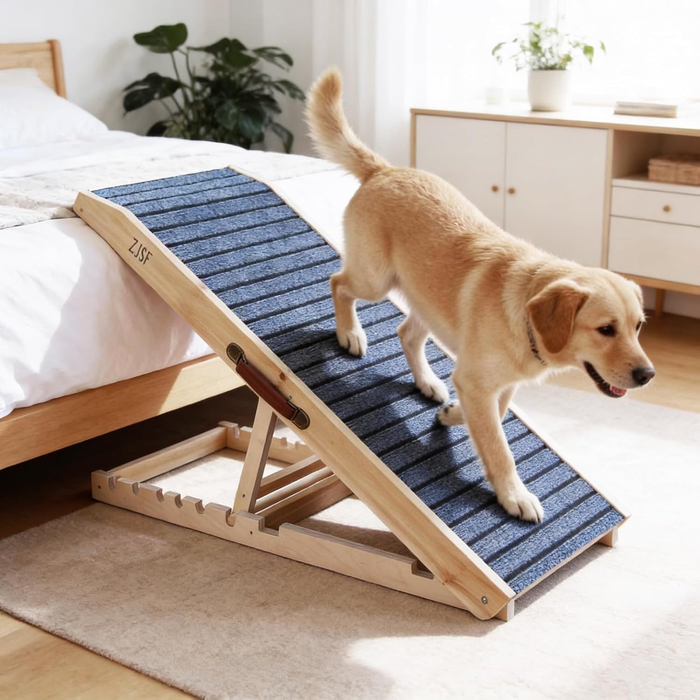 ZJSF Foldable Wooden Dog Ramp for High Bed, Dog Stairs for Small Dogs, High Traction Platform with 4 Adjustable Heights (14"-19.7"), 33", Supports up to 70 lbs