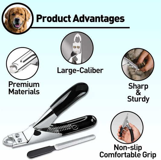 Dog Nail Clippers | Dog Nail Trimmer with Nail File and Safety Guard for Large Breed Dog | Injury-Free Grooming Tool for Pets (Black)