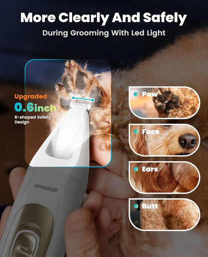 oneisall Professional Dog Grooming Kit at Home: All-in-One Quiet Clippers & Nail Grinder with LED Light, 2000mAh Cordless Dog Shaver, Safe Poodle Grooming Kit for Paws, Face, Ears & Body