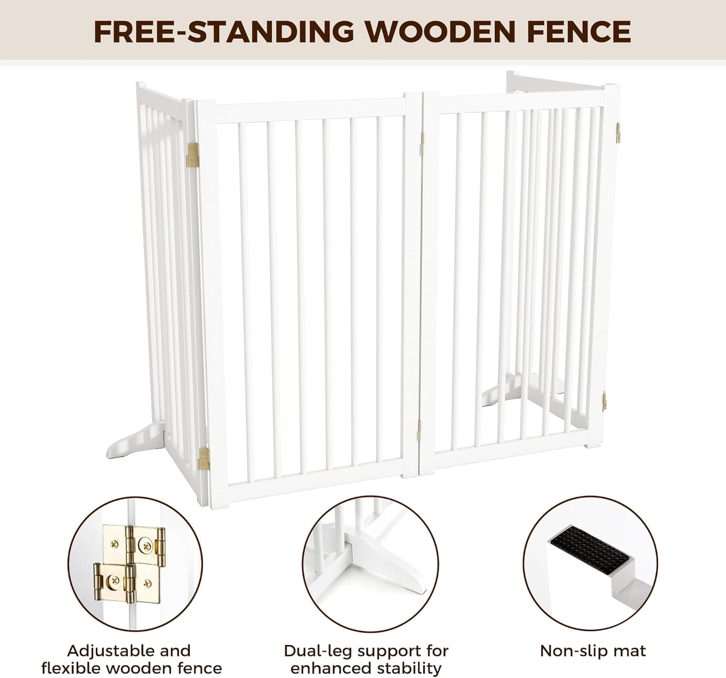 36" H Freestanding Dog Gate, Solid Wood Foldable Pet Gate with Support Feet, Wooden Tall Dog Gate for Doorway, Stairs & Indoor Use, 60" Wide Expandable Pet Fence, 3 Panels, Walnut