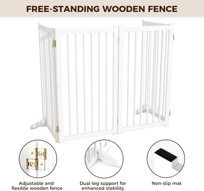 36" H Freestanding Dog Gate, Solid Wood Foldable Pet Gate with Support Feet, Wooden Tall Dog Gate for Doorway, Stairs & Indoor Use, 60" Wide Expandable Pet Fence, 3 Panels, Walnut
