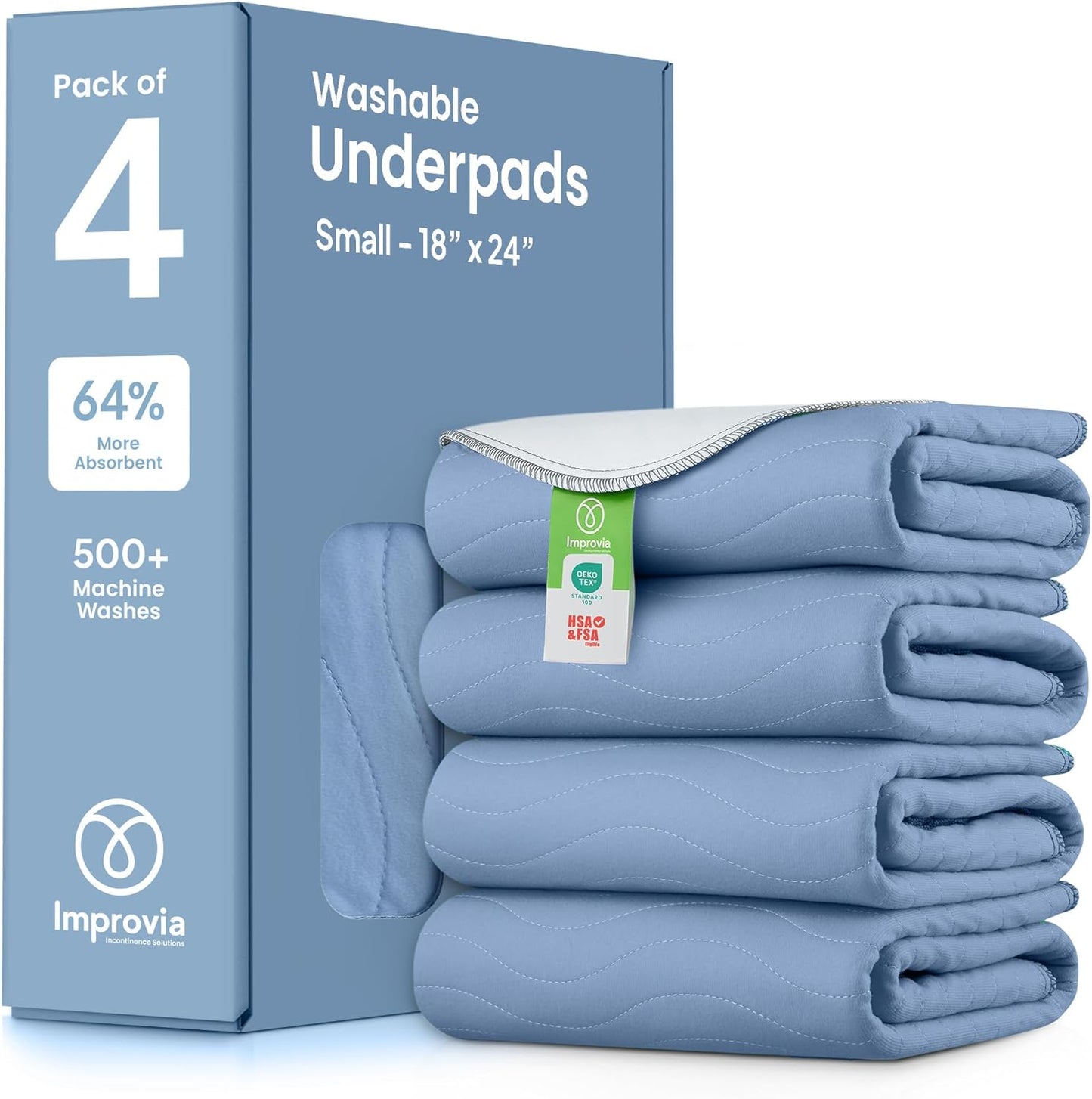 IMPROVIA® Washable Underpads, 34" x 36" (Pack of 4) - Heavy Absorbency Reusable Bedwetting Incontinence Pads for Kids, Adults, Elderly, and Pets - Waterproof Protective Pad for Bed, Couch, Sofa, Floor