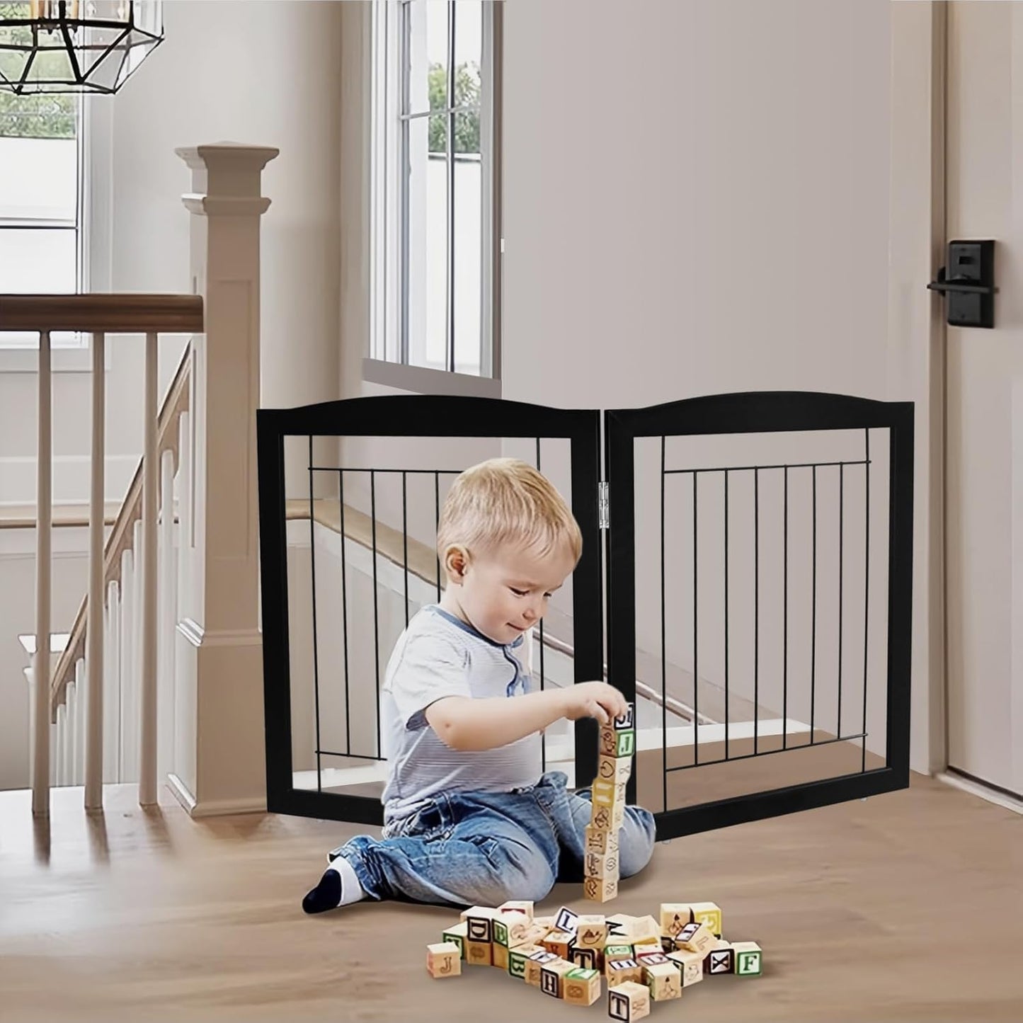 ZJSF Freestanding Foldable Dog Gate for House Extra Wide Wooden White Indoor Puppy Gate Stairs Doorways Pet Gate Tall Dog Fence 3 Panels Fence