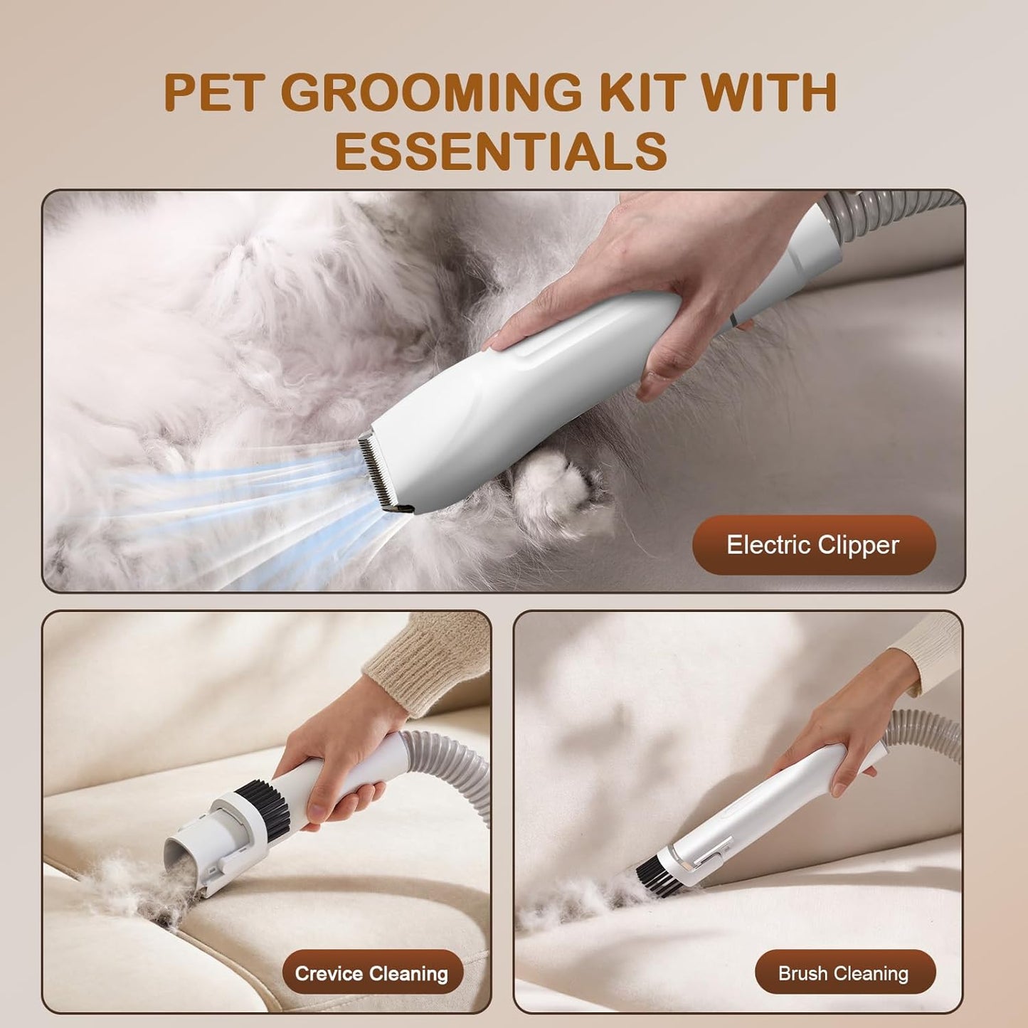 Dog Grooming Vacuum, Dog Grooming Kit, 3 Suction Modes Dog Brush Vacuum with 5 Pet Grooming Tools (Alabaster)