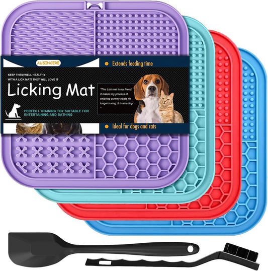 Lick Mat for Dogs Cats, 7.9" Large Licking Pad, Food Grade Silicone Slow Feeder Mat with Strong Suction Cups, Anxiety Relief Lick Pad for Bathing Grooming Training, 4 Pack