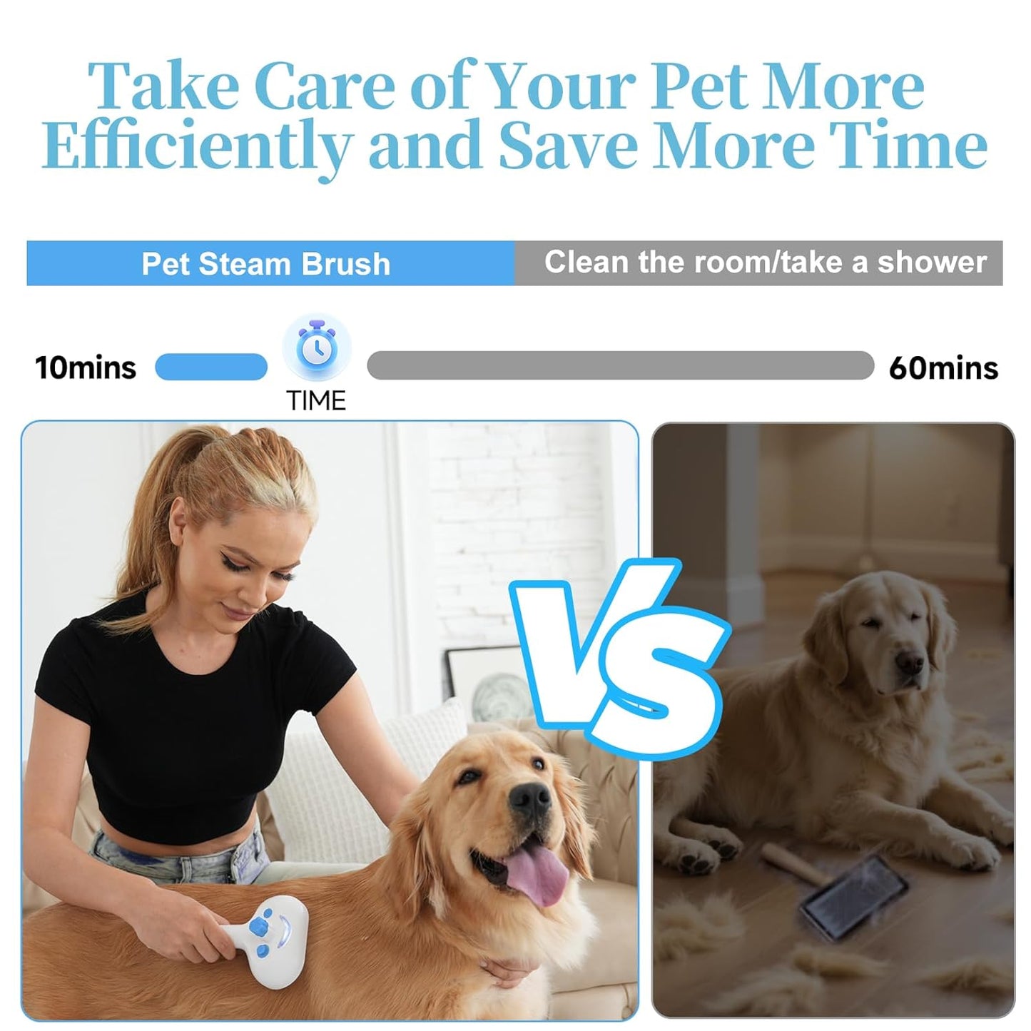 Pet Steam Brush for Dog & Cat - 3-in-1 Steam Grooming Brush for Shedding & Hair Removal - Self Cleaning Spray Comb with Mist for Long Haired Pets - Includes 1*Waterless Shampoo, Blue.