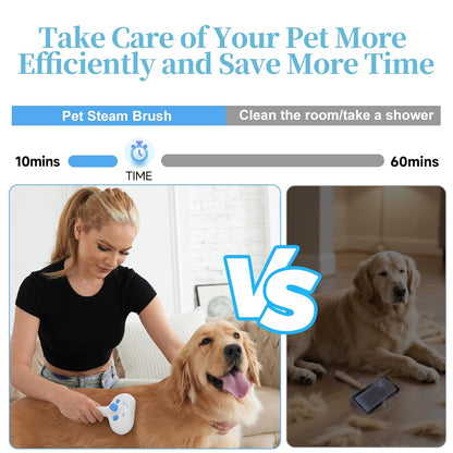 Pet Steam Brush for Dog & Cat - 3-in-1 Steam Grooming Brush for Shedding & Hair Removal - Self Cleaning Spray Comb with Mist for Long Haired Pets - Includes 1*Waterless Shampoo, Blue.