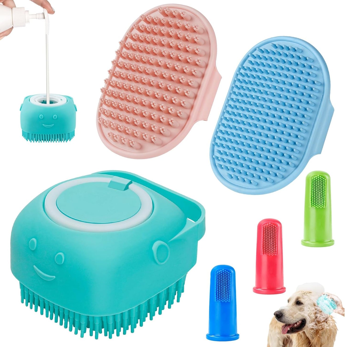 Comotech 3-in-1 Dog Grooming Brush | Adjustable Handle Shampoo Brush & Scrubber for Short & Long Haired Dogs & Cats (Blue Blue White)