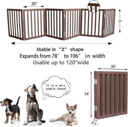ZJSF Freestanding Indoor Dog Gate for House Foldable Wood Brown Puppy Gate for Doorways Pet Gate for Stairs Extra Wide Pet Fence 24" Height 2 Panels