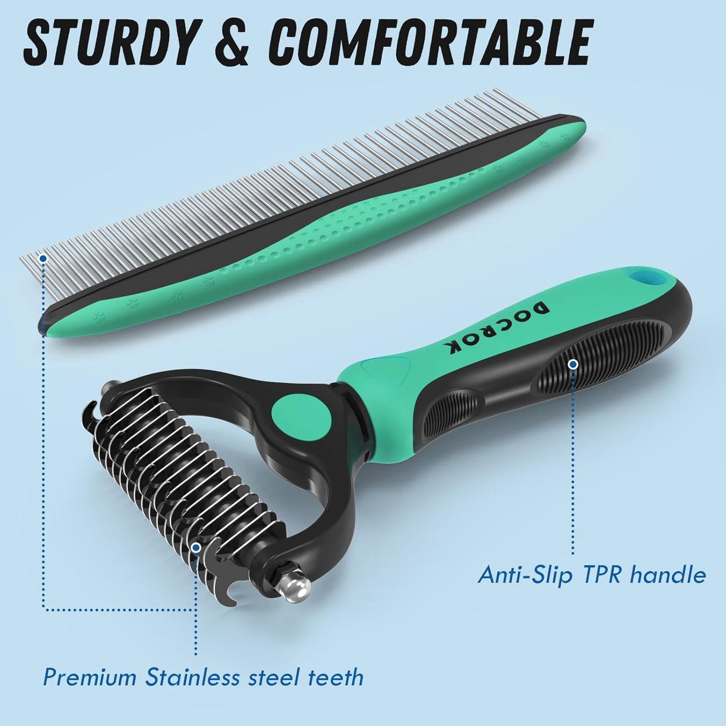 Docrok Pet Grooming Combo - Blue Deshedding Brush with Metal Comb for Detangling and Dematting Long, Matted Fur on Cats and Dogs
