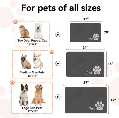 Dog Food Mat - Absorbent Cat Dog Bowl Mat for Food and Water, Quick Dry Pet Food Mats for Floors with Waterproof Rubber Backing, Puppy Cat Feeding Mats for Messy Drinkers,12"x20", Dark Grey
