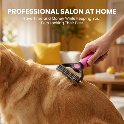 Sakerplus Pet Grooming Tool, Deshedding Dog Brush, 2-in-1 9/17 Teeth Undercoat Rake for Dogs and Cats, Stainless Steel Pet Grooming Brush for Long Hair, Thick Coats (Pink,large)