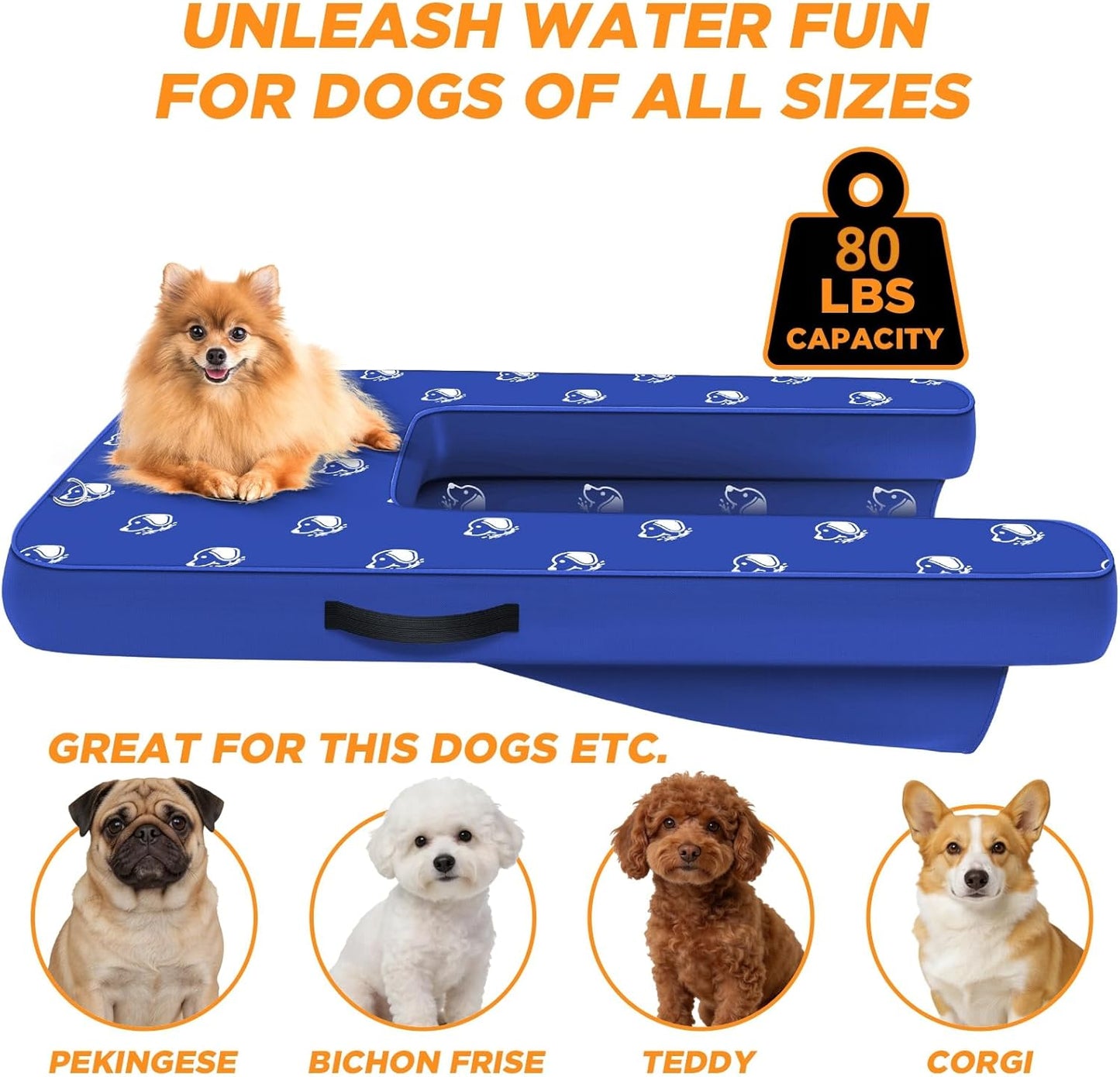 Inflatable Dock Platform, Medium Dog Boat Ramp Floating Non-Slip Oxford and PVC with Small Water Ramp for Dogs Pool, Dock, Lake with Traction Rope, Manual Air Pump (3.2ft x 2.2ft x 4in) M01