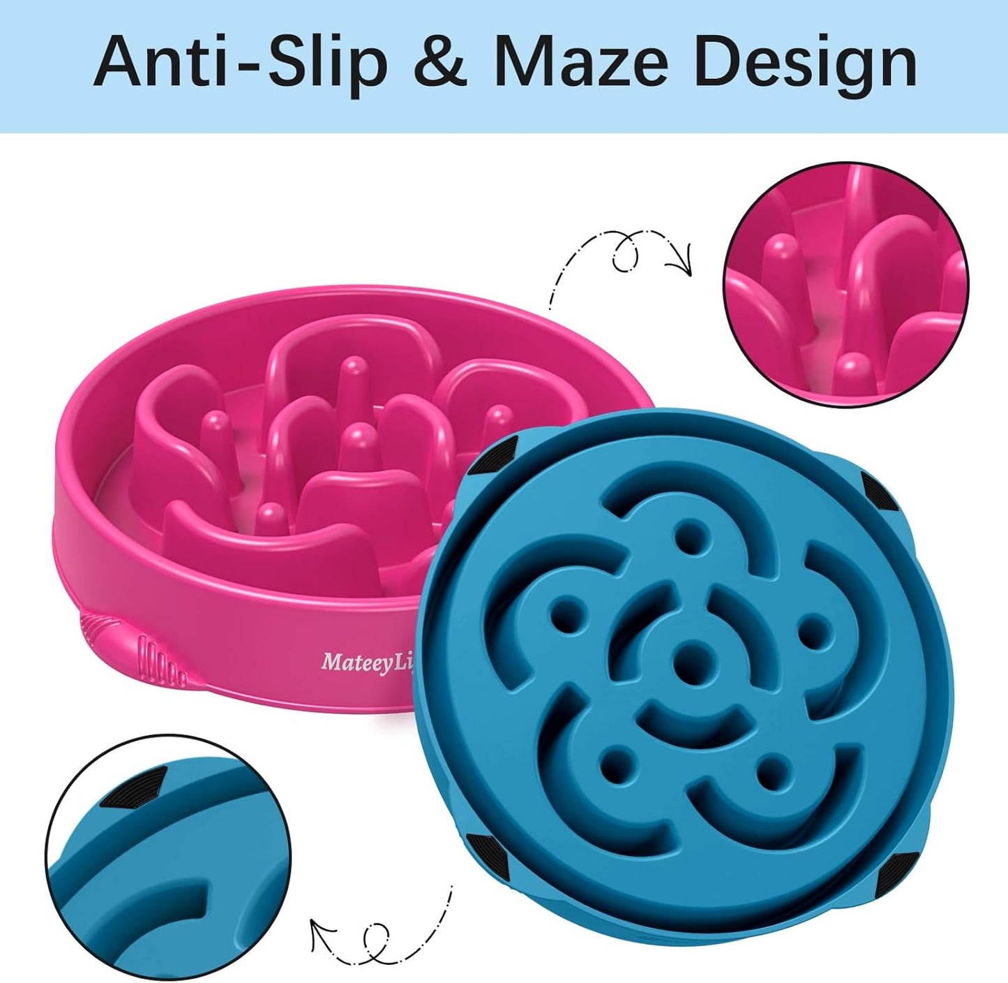 MateeyLife Slow Feeder Dog Bowls 2PCS, Anti-Choking Puzzle Dog Food Bowls, Anti-Slip Interactive Feeding Slow Down Eating, Bloat Stop Maze Dishes for Medium Breeds Pink&Purple