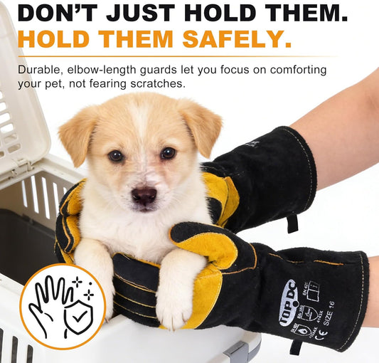 TOPDC Animal Handling Gloves, 16-Inch Bite Resistant & Scratch Proof Arm Sleeves for Dog Cat Grooming, Training, and Vet Visits (Black)