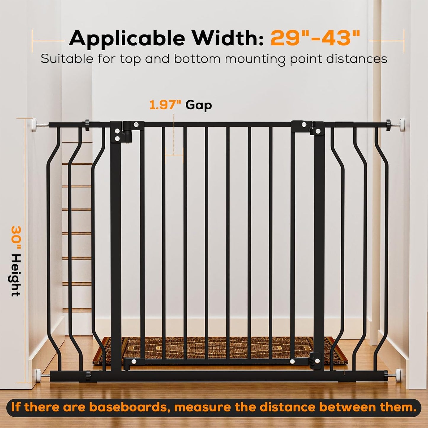 29-43" Baby Gate for Stairs, Baby Safety Essentials, Auto Close Gate for Doorways, Easy Install Pressure Mounted Dog Gate Indoor, Pet Gates for Dogs, White