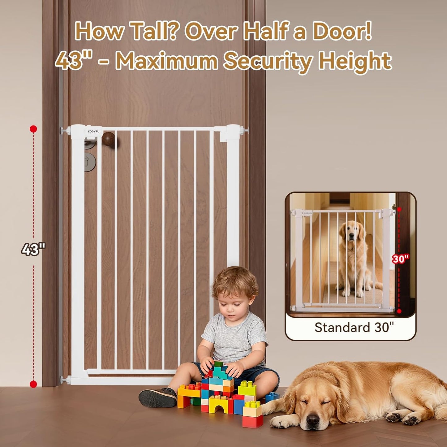 43 inch Tall Safety Dog Gate Adjustable 29.7-45.2 inch Extra-Wide Metal Pet Gate Drill-Free Pressure-Mount Installation kit Self-Closing Cat Gate for Stairwells、Doorways（White）
