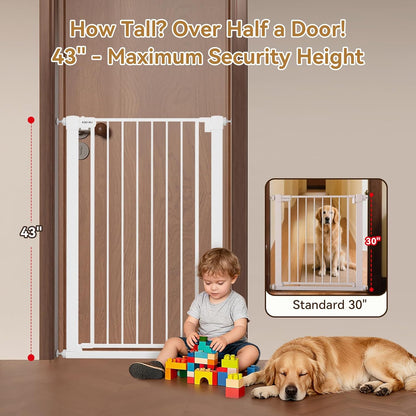 43 inch Tall Safety Dog Gate Adjustable 29.7-45.2 inch Extra-Wide Metal Pet Gate Drill-Free Pressure-Mount Installation kit Self-Closing Cat Gate for Stairwells、Doorways（White）