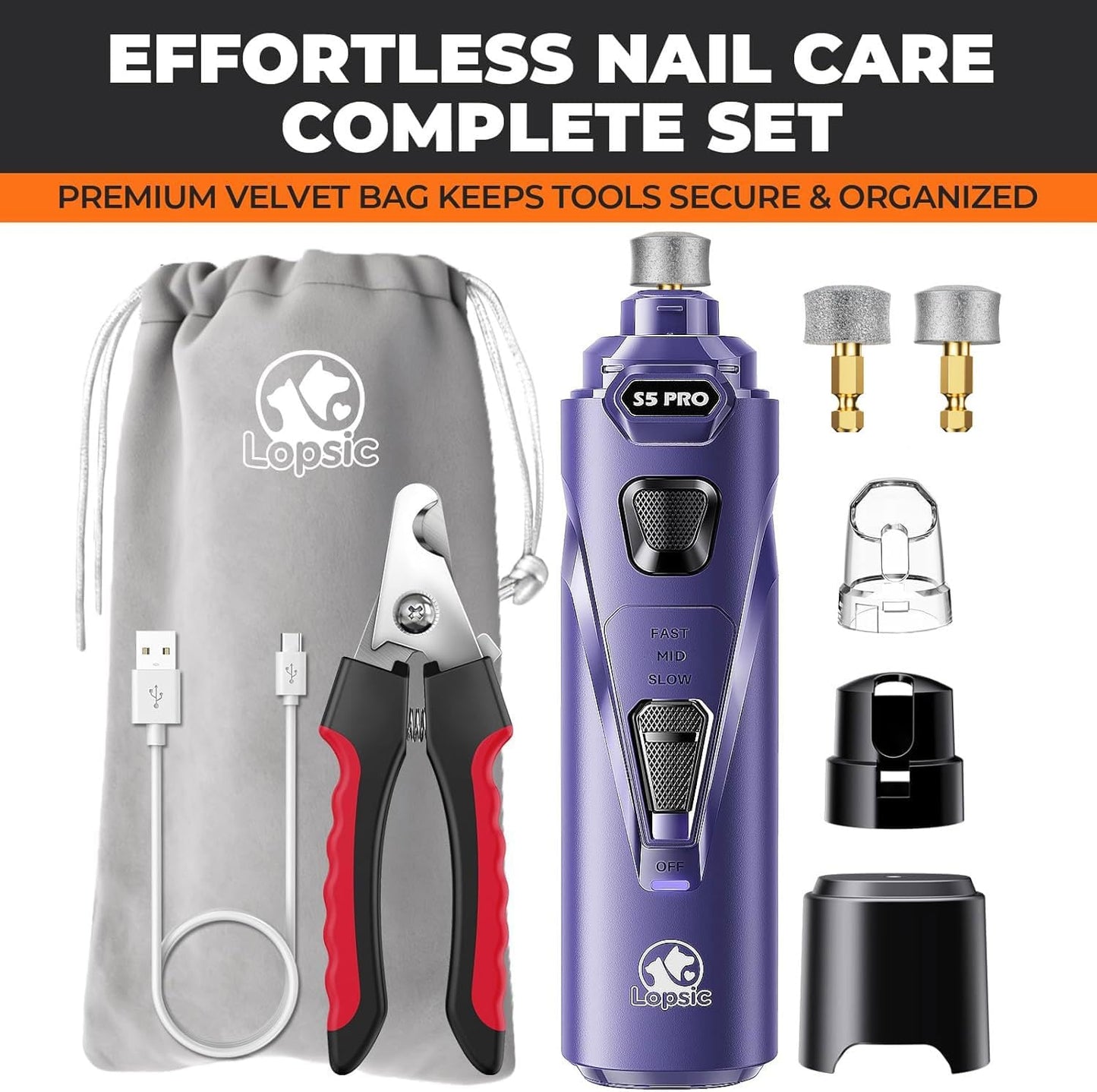 Whisper Quiet Dog Nail Grinder with 4 LED Lights, Safe & Stress-Free for Sensitive Dogs Cats of All Breeds & Sizes, 3 Grinding Bits, 3-Speed, Pet Nail Trimmers, Rechargeable Painless Grooming Kit