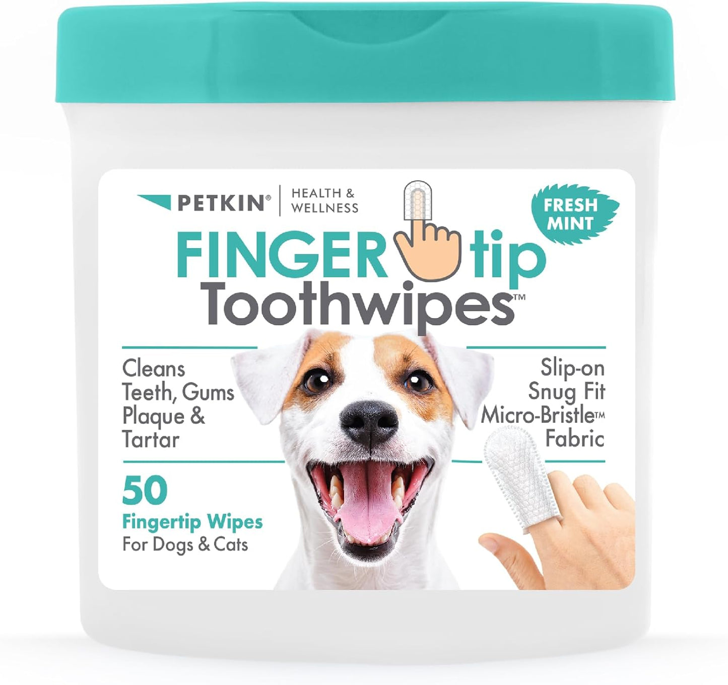 Petkin Fingertip Tooth Wipes for Dogs and Cats, 50 Finger Wipes - Slip-On, Snug Fit, Micro-Bristle Fabric - Cleans Teeth, Gums, Plaque & Tartar - Convenient, Ideal for Home and Travel - Peanut Butter