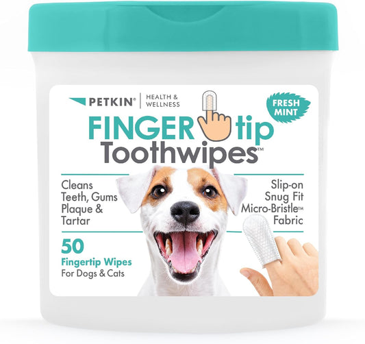 Petkin Fingertip Tooth Wipes for Dogs and Cats, 50 Finger Wipes - Slip-On, Snug Fit, Micro-Bristle Fabric - Cleans Teeth, Gums, Plaque & Tartar - Convenient, Ideal for Home and Travel - Peanut Butter