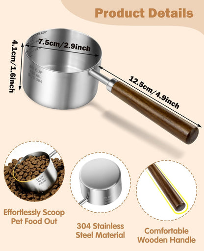 Stainless Steel Dog Food Scoop 1 Cup, Dog Food Measuring Cup With Measuring Lines (Cup/ML) & Long Wooden Handle, Metal Pet Food Scoop For Dogs, Cats and Kitchen Use, Dishwasher Safe