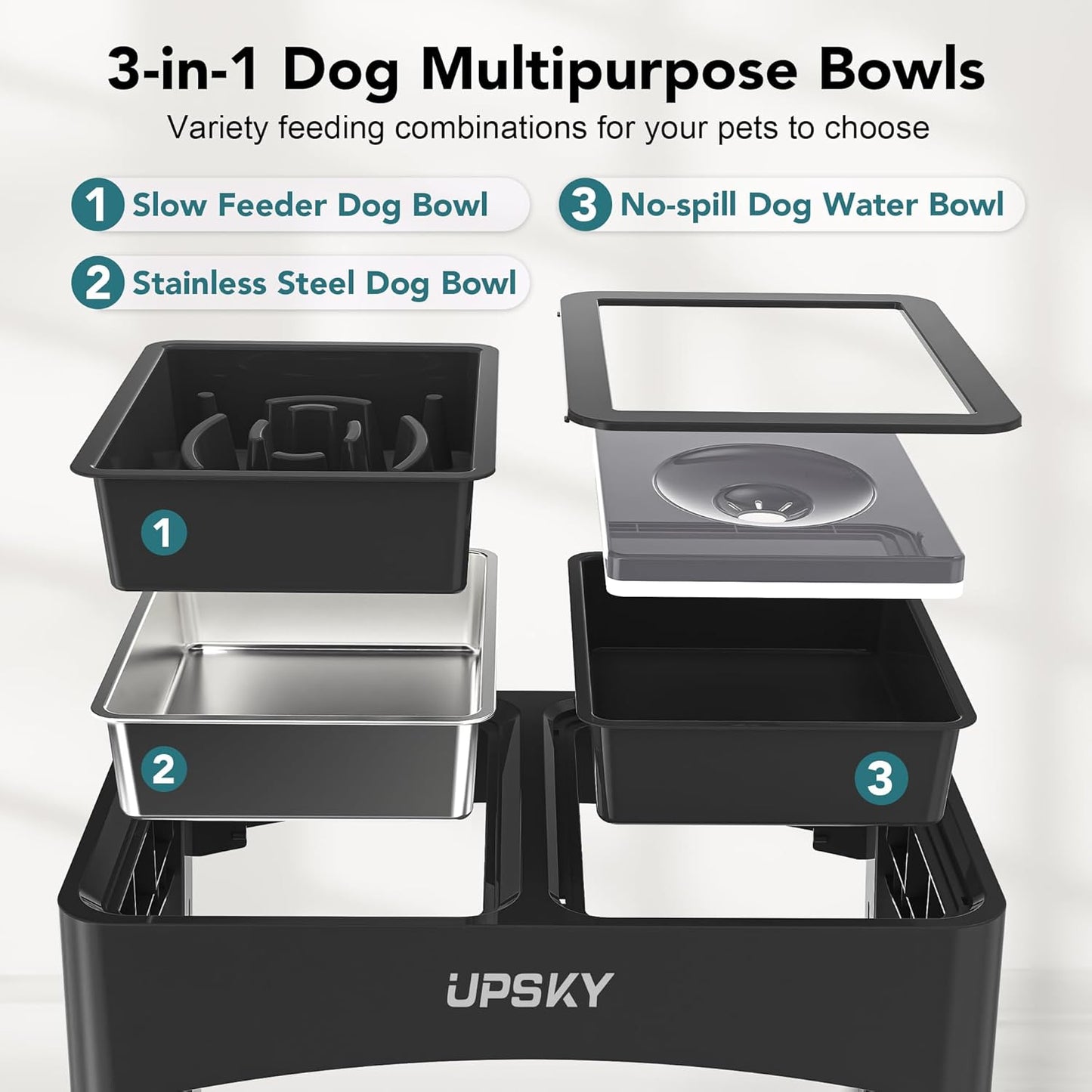 UPSKY 2-in-1 Elevated Dog Bowls Slow Feeder, 4 Height Adjustable Raised Bowl Stand, No Spill Dog Water Bowls, Anti-Slip Food and Water Bowls for Small Medium Dogs(Not Include Stainless Steel Bowl)