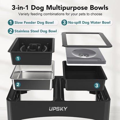 UPSKY 2-in-1 Elevated Dog Bowls Slow Feeder, 4 Height Adjustable Raised Bowl Stand, No Spill Dog Water Bowls, Anti-Slip Food and Water Bowls for Small Medium Dogs(Not Include Stainless Steel Bowl)