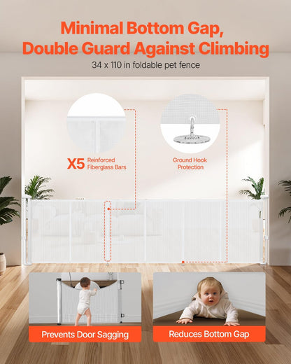 VEVOR Retractable Baby Gate, 34 inch Tall, Extends up to 110 inch Wide, Retractable Gate for Kids or Pets, Mesh Material, Easy to Install for Indoor Stairs, Doorways, Hallways, Playrooms, Gray