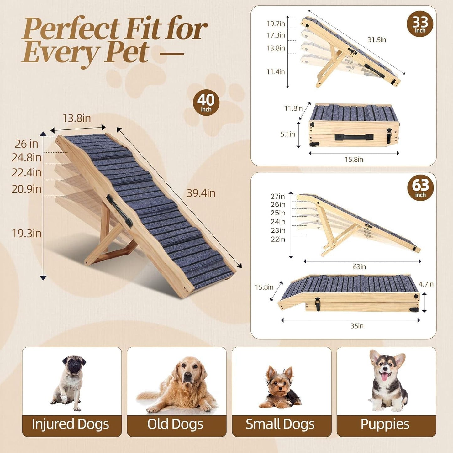2026 Upgraded Dog Ramp for Couch & Low Bed, 33" L Folding Wood Pet Ramp 200LB Capacity, 4-Level Adjustable Height 11"-20", Non-Slip Sturdy Puppy Ramp for Small & Senior Dogs, Joint Relief, Wavy Design