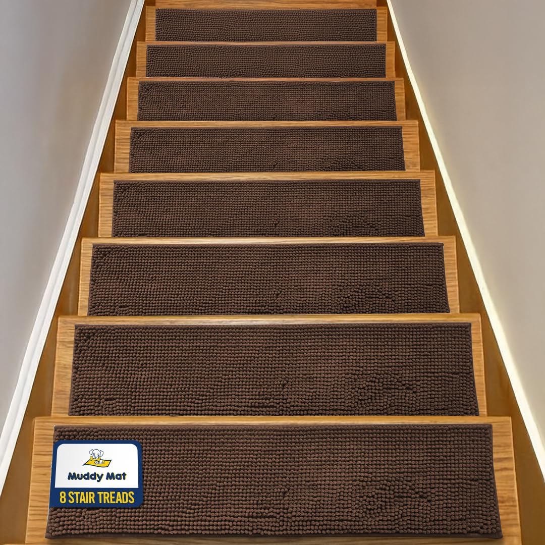 Muddy Mat® Pack of 4 - Soft Chenille Stair Treads Non-Slip Reusable, Super Absorbent Stair Treads for Wooden Steps, Tile & Marble Floor, Easy to Install & Machine Washable - Grey 30'' x 7''