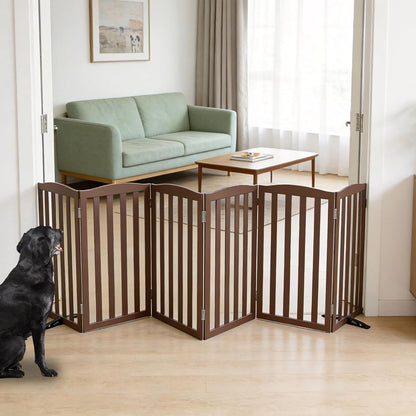 Freestanding Dog Gate Indoor,Doggie Gate Foldable Pet Gates for Doorways,Stairs or Hallways, Wooden Brown Pet Gate for the House, Pet Fence with Support Feet Included,24 "Height-3 Panels