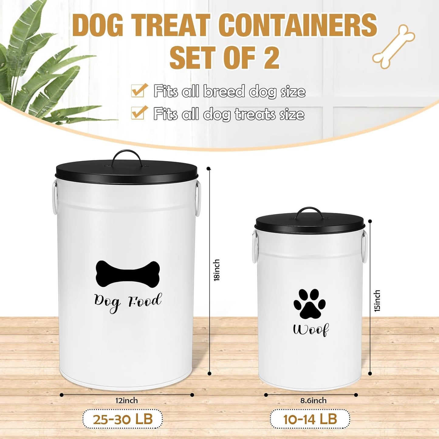 DoubleFill Extra Large 23+10 lbs Metal Dog Food Storage Containers Set of 2 Airtight Dog Treat Snack Jars with Lids and Spoon Farm House Style Big Pet Cookie Jar for Kitchen Counter Gift