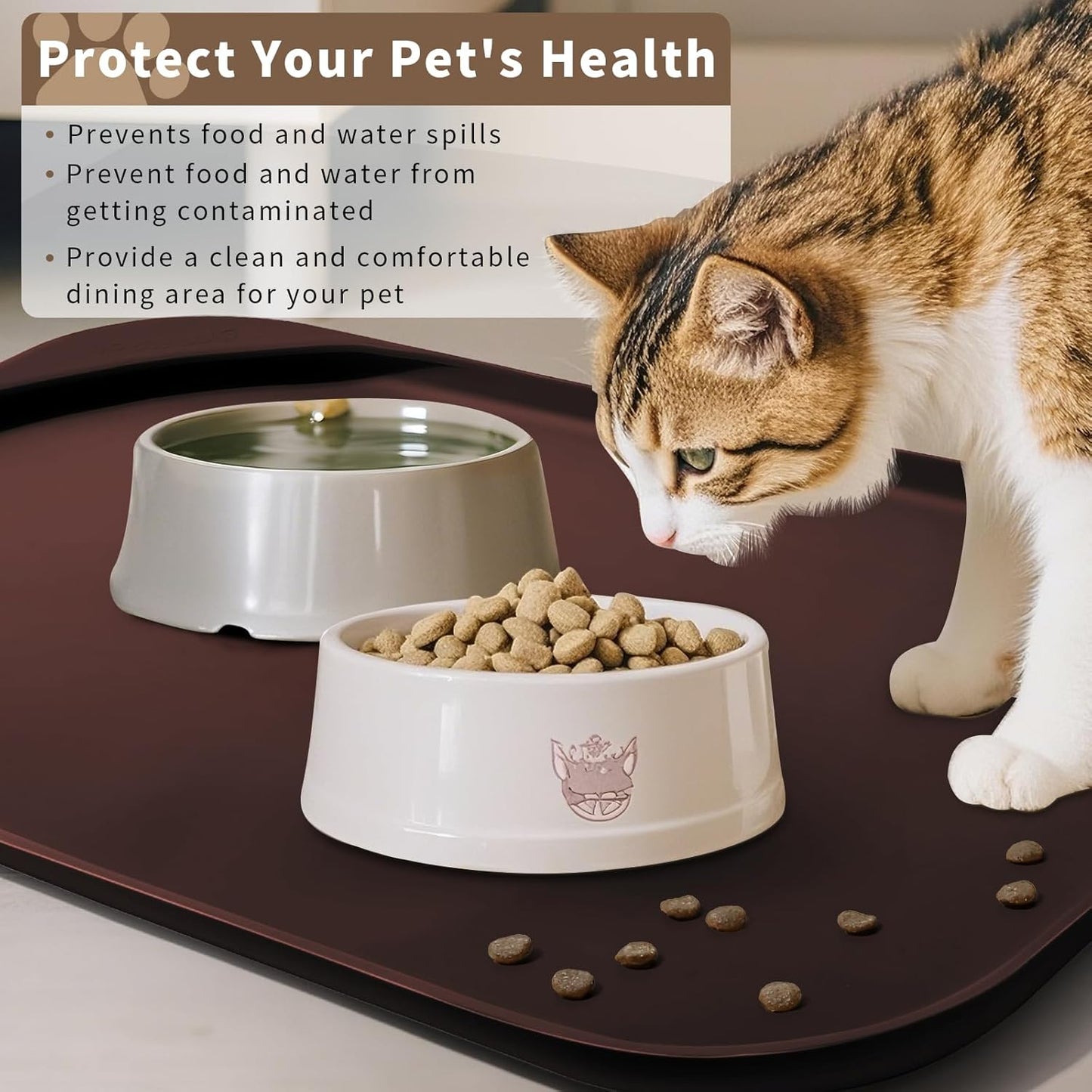 Smilool Silicone Pet Food Mat with Raised Edge for Food and Water Bowl, Dog Feeding Mats, Cat Food Trays for Floor Waterproof, Rubber Tray for Dogs and Cats, 19 x 12 x 0.7 Dark Brown