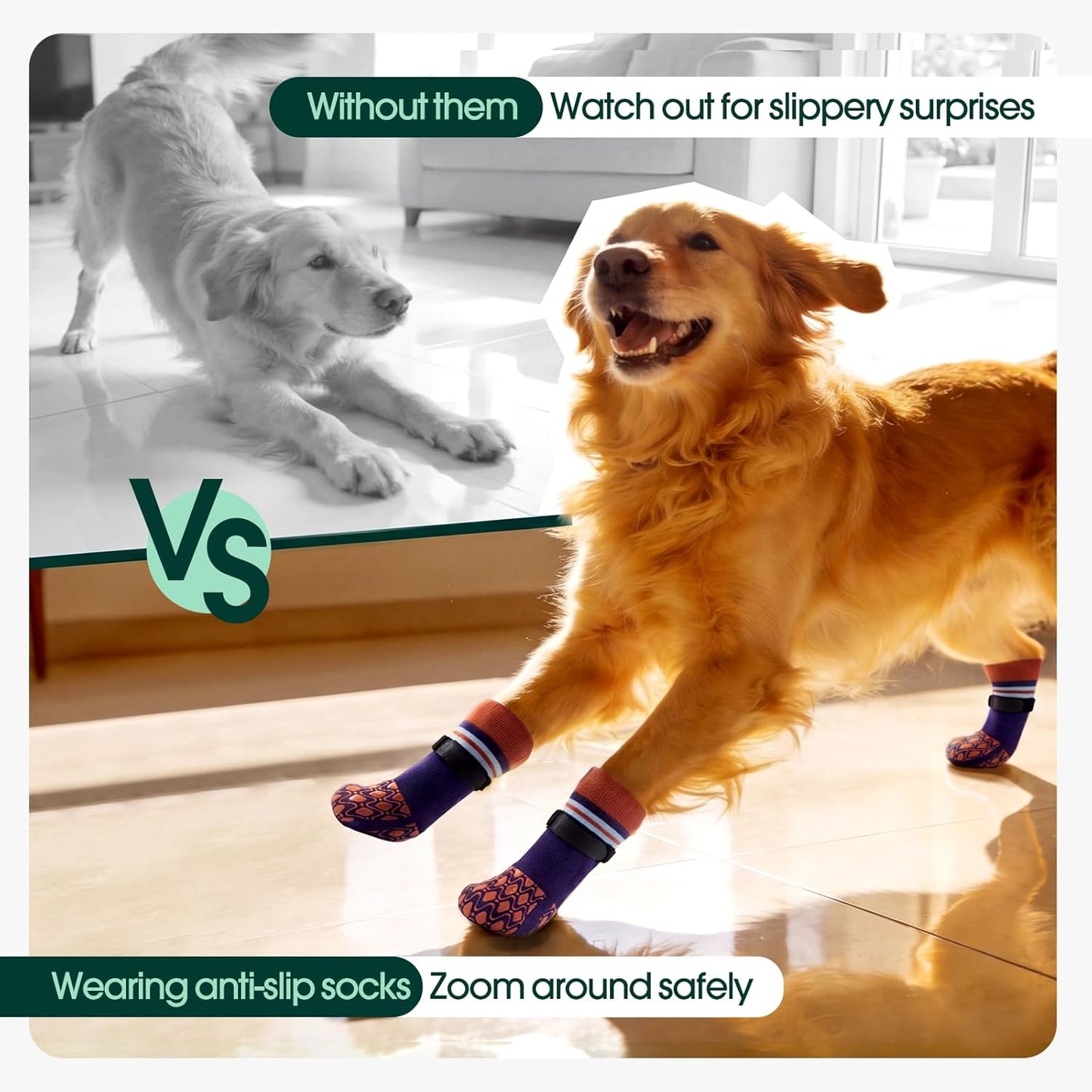 Kuoser Non Slip Dog Socks for Hardwood Floors, Dog Grippy Socks with Double-Sided Traction, Anti Slip Dogs Booties Paw Protectors to Prevent Licking Paws for Small Medium Large Senior Dogs, 4 Pack-M