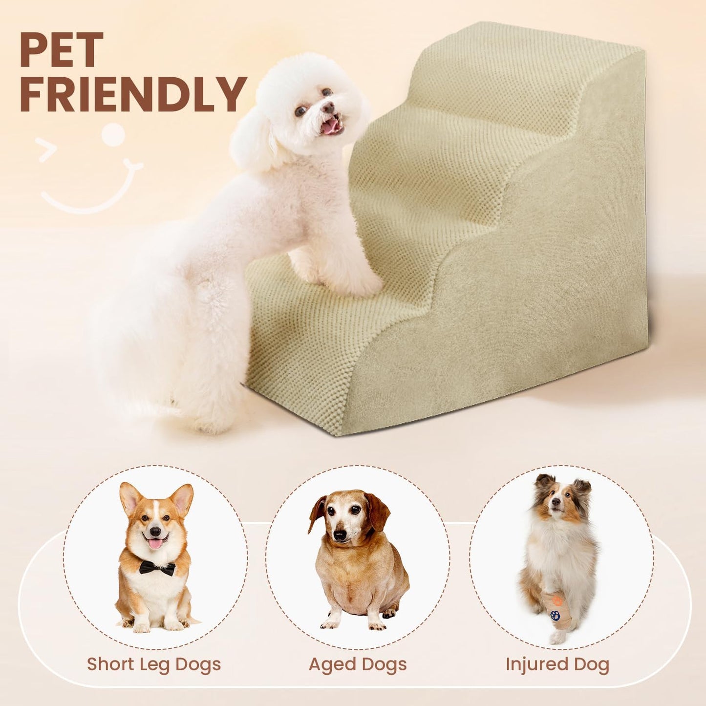 Dog Stairs for Small Dogs, 3 Tiers High Density Foam Dog Ramp, Extra Wide Non-Slip Pet Steps for High Beds Or Couch, Soft Foam Doggie Ladder for Dogs Injured, Older Pets, Small Cats
