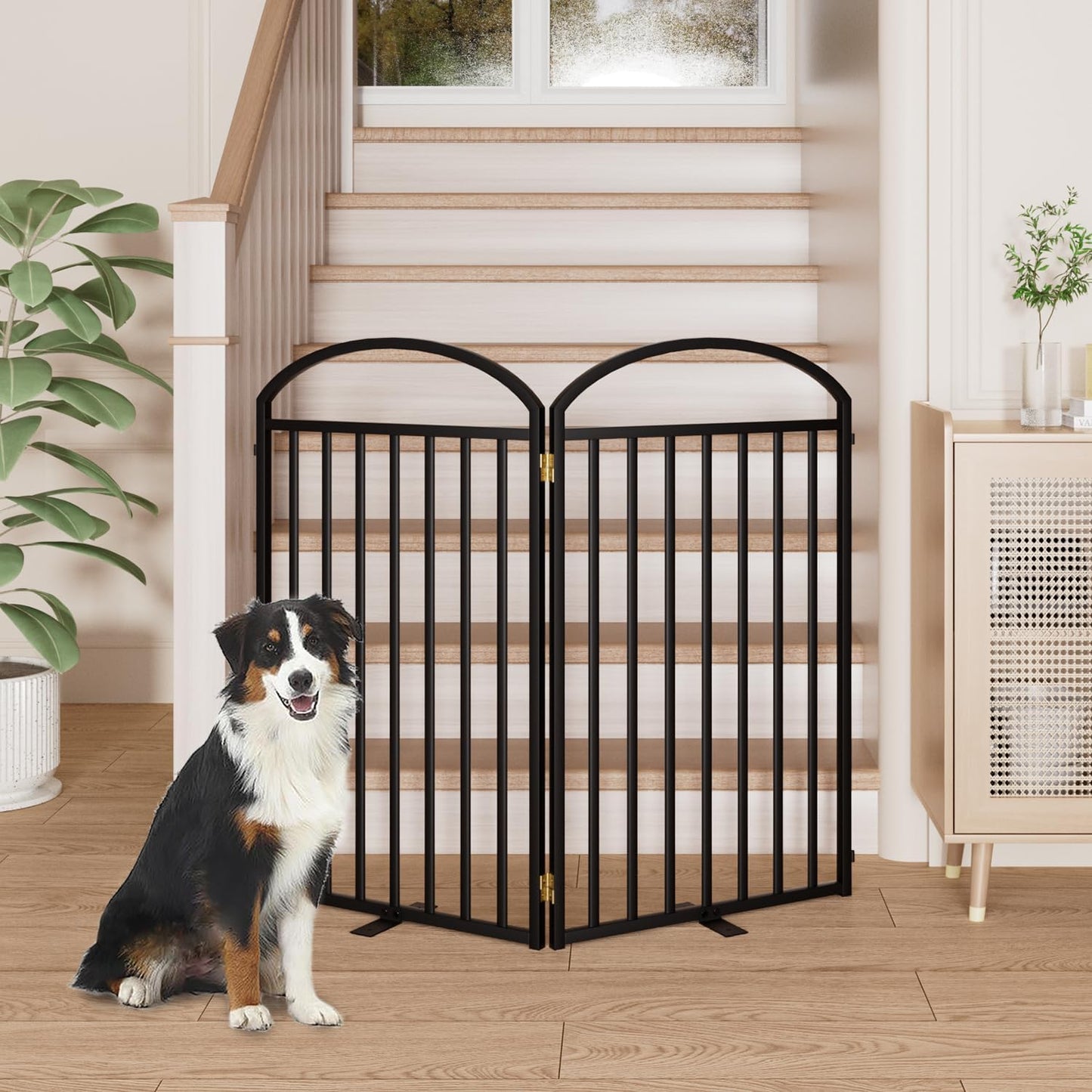 SNUOWU 4 Panels Full Matel Freestanding Dog Gates with Door, 96"Extra Wide 32"Tall Free Standing Dog Pet Gate for Indoor & Outdoor. Foldable Pet Fences for Doorways, House, Stairs, Porch, Deck, Yard