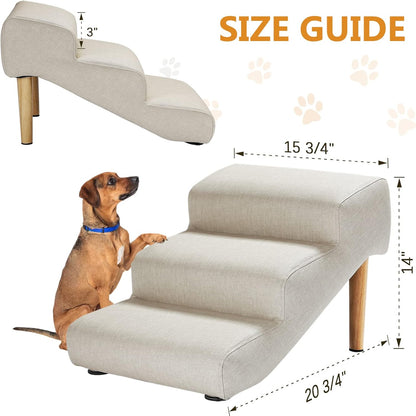 Senneny Imitation Linen Faux Leather Dog Stairs, for Pets up to 150 lbs, Waterproof, Scratch Resistant Pet Steps/Stairs with High Density Foam and Detachable Wooden Legs, Light Beige Linen, 4 Step