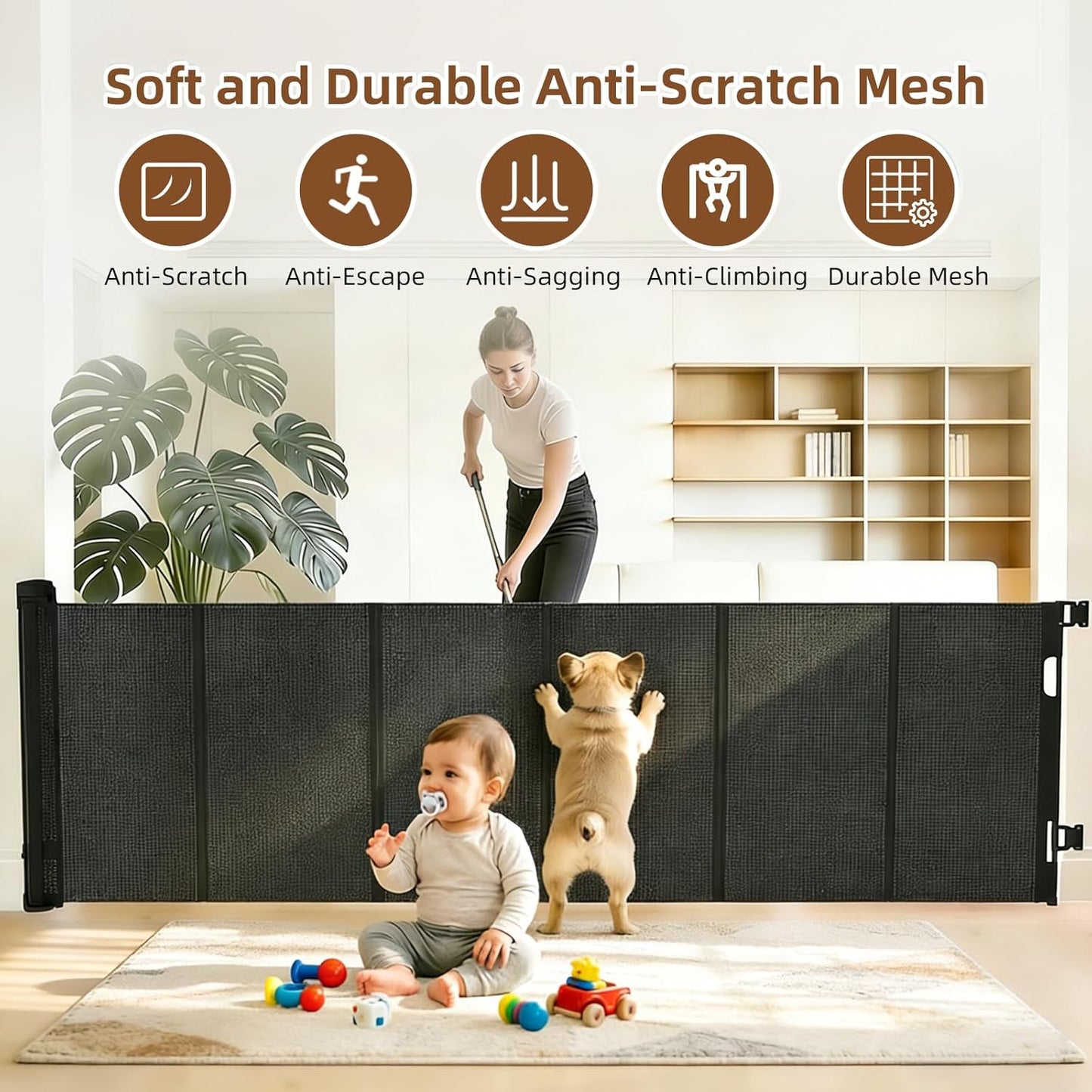 Retractable Baby Gate, 55 in Wide x 33 in Tall Mesh Dog Gate, Hardware Mounted Safety Gate with Double Lock for Doorways, Hallways, Indoor Outdoor, White