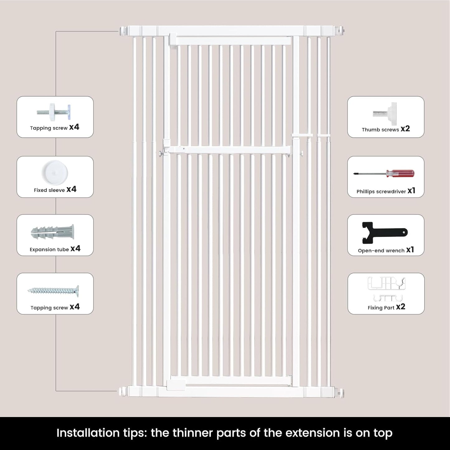 Gardner Pet 51"-87" Extra Tall Cat Gate for Doorway, Wide Adjustable 27.56"-37" Baby Gate Included 4 Extension Kits, Pressure Mounted Safety Full Door Gate for Stairs, Studio, Kitchen (White)