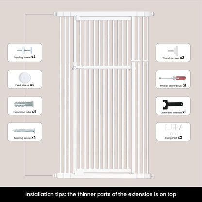 Gardner Pet 51"-87" Extra Tall Cat Gate for Doorway, Wide Adjustable 27.56"-37" Baby Gate Included 4 Extension Kits, Pressure Mounted Safety Full Door Gate for Stairs, Studio, Kitchen (White)
