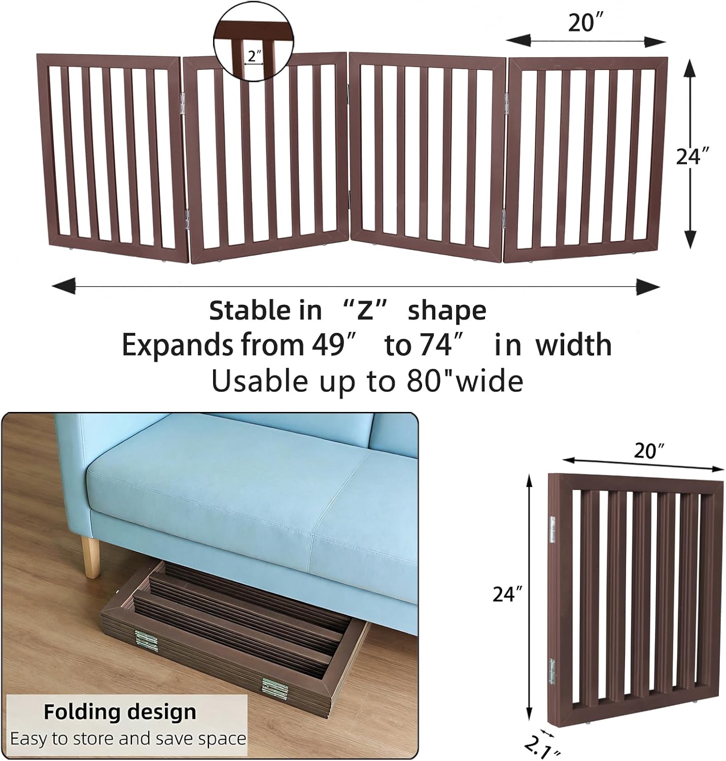 Dog Gate Indoor, Freestanding Dog Fence for The House, Doorways, Hallways,or Stairs,Pet Gate Foldable Wooden,Expandable 24" Height 3 Panels,White