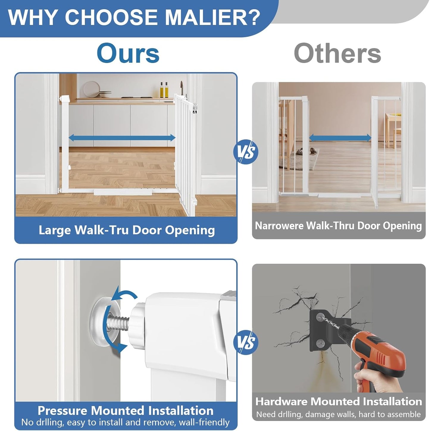 Malier Large Walk-Thru Door Baby Gate, 29-40" No Drill Pressure Mounted Dog Gate with Auto Close, Safety Gate Pet Gate for Stairs, Doorways, Child and Dogs Indoor (Black, 29''- 40''W × 30''H)
